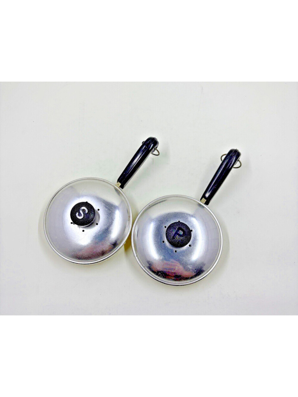 Vintage 1950's Brillium Mini Frying Pan Salt & Pepper Shakers 4 1/2"
